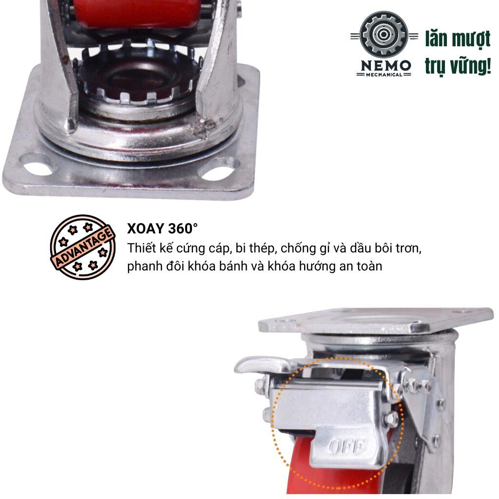 Bánh xe PU gang tải nặng, mặt bích, chất liệu bền bỉ, D100mm - 200mm, tải 300 – 450kg